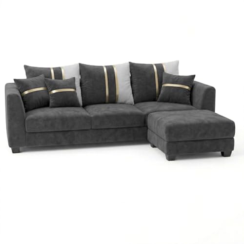 Image of Vero 4 Seater L Shape Sofa Set with Movable Ottoman | Flexible Left or Right Layout | Luxury Velvet Suede Fabric | Modern Living Room Sofa | Dark Grey