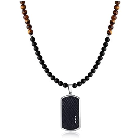 Men’s Carbon Fiber Dog Tag Pendant Gems Beaded Necklace Cover