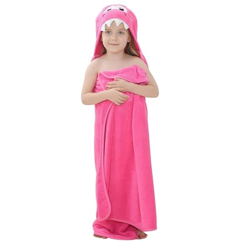 Image of MICHLEY Cartoon Hooded Baby Towel Unisex, Premium Soft Swimming Bathrobe Large Washcloths 31.5 inch x 53 inch for 0-9T (Pink Dinosaur)
