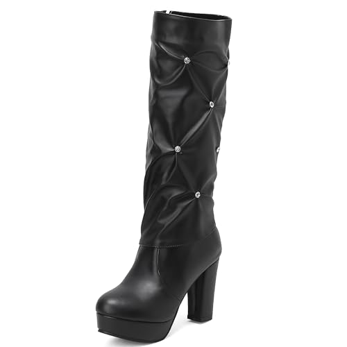 SoundSky Women's Fold Over Knee High Boots Slouchy Rhinestone Boots Side Zipper Chunky Platform High Heel Boots