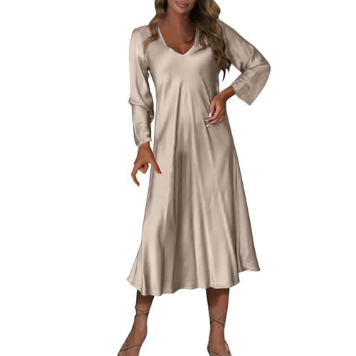 Satin Dresses Women Long Sleeve V-Neck Silk Maxi Dress Casual Nightgown  House Wear Fall Outfit Spring Fashion Clothes Beige at Amazon Women's  Clothing store