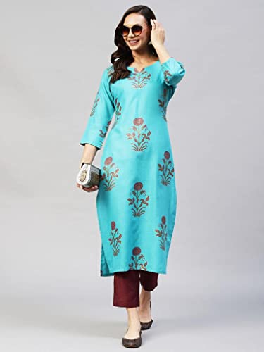 Image of ANNI DESIGNER Women's Cotton Blend Printed Straight Kurta with Pant (Team)