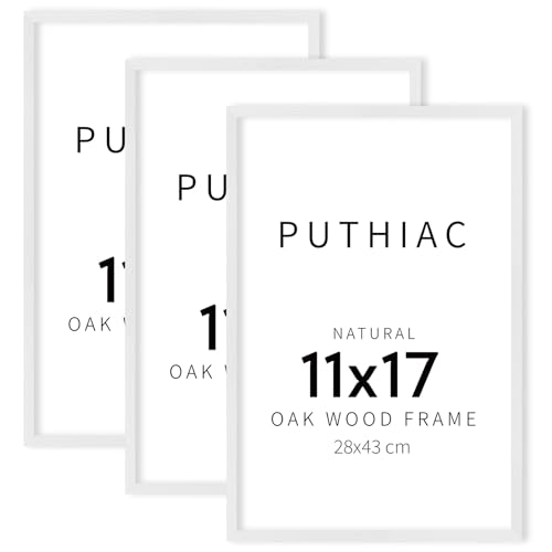 puthiac 11x17 White Oak Wood Picture Frame - Minimalist 11x17 Poster Frame, 11"x17" Frame Wood, Natural Solid Wooden Picture Frames for Wall Art Photo and Prints (3 Pack, White)