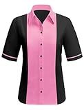 Women's Vintage Bowling Shirts 1950s Short Sleeve Button Up 50s Retro Outfits Sock Hop Costume Black Pink