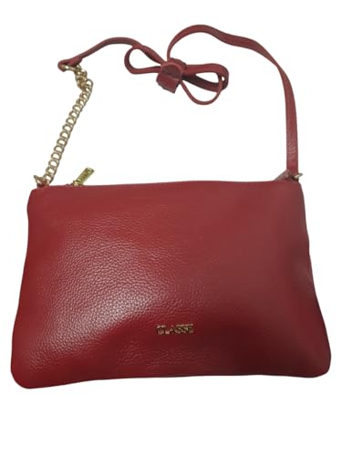 Classe Bolsa Transversal Feminina, Couro Vermelho laca, Alça de Corrente Dourada