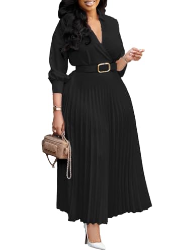 Image of Famnbro Womens Pleated Dress V Neck Long Sleeve A line Church Formal Works Business Dresses with Belt