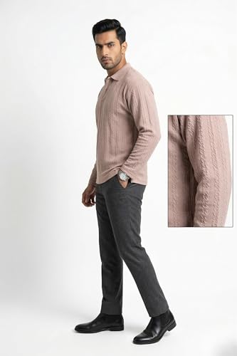 Image of BEAR THREAD Men's Polo T-Shirt | Linear Jacquard Full Sleeve Textured Knit Polo | Smart Casual Collared Stretch Fabric Tee | Stylish Everyday Wear for Men