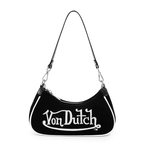 Von Dutch Womens Rhinestone Shoulder Bag Stylish Handbag with Adjustable Strap Spacious Interior and Iconic Logo Design (Black and White Rhinestone)