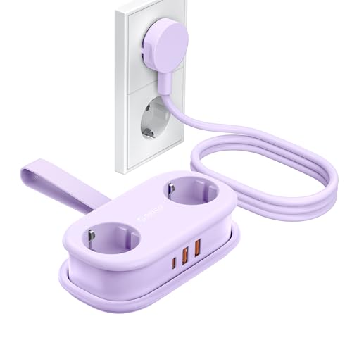 Regleta ORICO con USB C PD 20W, 2 Tomas de Corriente de Viaje y 3 Puertos de Carga USB (1 USB C) Compatible con Teléfono, con Cable de 1,5m para Home Office en el Barco (AP3 Lila)
