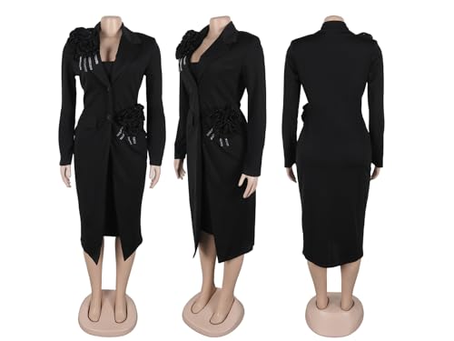 Image of Molisry Women's 2 Piece Blazer Dress Set Formal Rhinestone 3D Flower Bodycon Midi Dress with Overcoat Business Suit Set Black