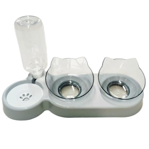 3-in-1 Katzen Futternapf Set, Doppelnapf mit Wasserspender, Futternapf Futterschüssel für Katzen und Kleine Hunde(Grauer Boden, transparente Schale)