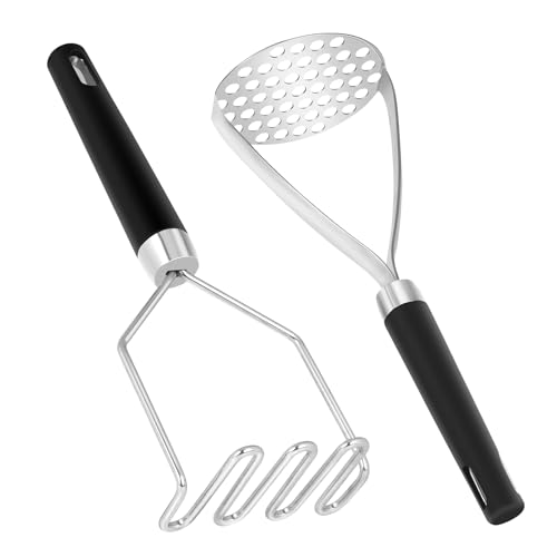 2PCS Potato Masher, Heavy Duty Stainless Steel Mashed Potatoes Masher,Durable Stainless Steel Potato Masher, For Vegetable, Fruit, Melon, Potato Etc, 10.3-Inch, Dishwasher Safe