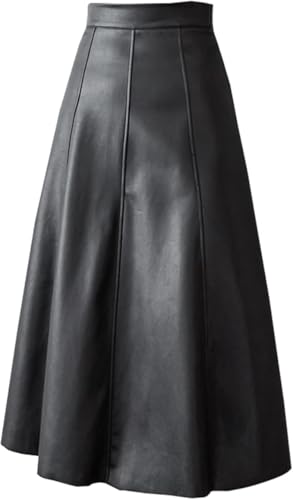 Image of A-line High Waist Skirt Women's Office Midi Skirt Women's PU Umbrella Skirt