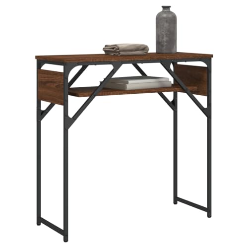 Mesa consola marrón efecto roble de diseño industrial estrecho con espacio de almacenamiento 4