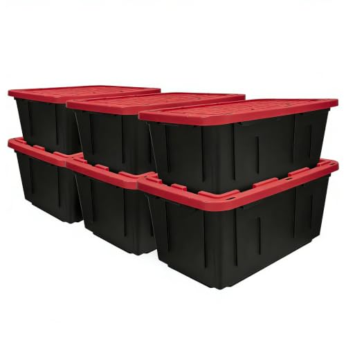 Image of 27 Gallon Heavy Duty Plastic Storage Bins with Lids, Black & Red (6)