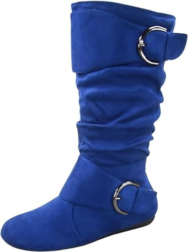 Image of Forever Link Women's Klein-70 Closed Round Toe Buckle Slouch Flat Heel Mid-Calf Boot