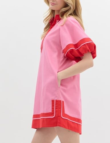 Image of Esmeling Women's Color Block Pullover Dress V-Neck Puff Sleeve Dress Mini Shirt Dress with Pockets