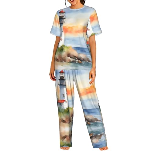 Pyjama 2 pièces pour femme avec haut manches courtes et pantalon long en taille S à 3XL, doux