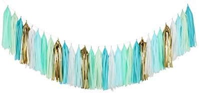 Fonder Mols Tissue Paper Tassel Garland (Pack of 30, White Mint Aqua Gold) Rustic Birthday Wedding Party Decor Mermaid First Birthday Hanging Decorations A26