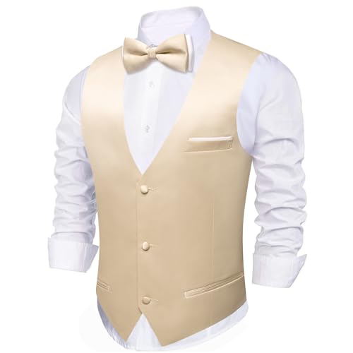 Image of Barry.Wang Mens Suit Vest Bow Tie Set 4PCS Formal V-neck Slim Fit Casual Solid Color Waistcoat Wedding Party Tuxedo