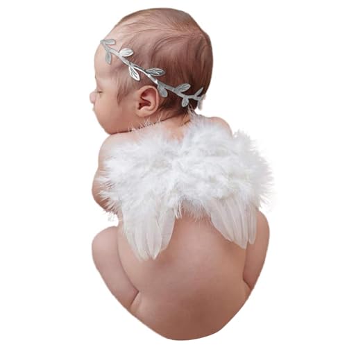 Image of BLUETOP 2PCS White Baby Angel Wings With Headband, Newborn Photography Props Infant Angel Wings, Soft Feather Wings Small Newborn Photography Outfits Angel Fairy Wings, Baby Angel Costume 0-6 Months