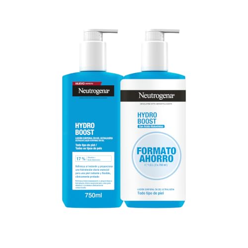 Neutrogena Hydro Boost Loción Corporal en Gel Ultraligera, 750 ml, 2 uds | Con Ácido Hialurónico y Glicerina, Refrescante, No Grasa, 72 h de Hidratación, Absorción Inmediata, Para Piel Sensible