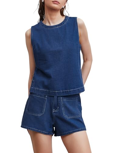 Image of Kedera Summer Denim Set for Women 2 piece Casual Sleeveless Boxy Shirt Tops and Shorts Pants Lounge Sets Outfits