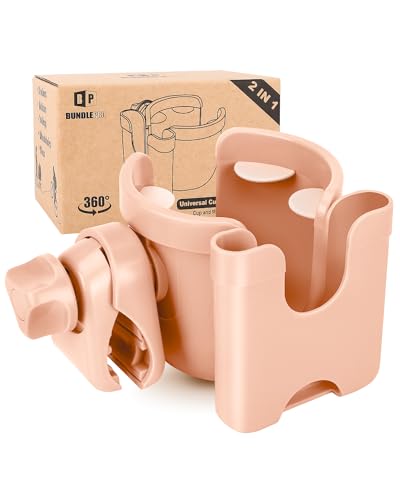 Image of Universal Stroller Cup Holder with Mobile Phone Case, 2-in-1 Strollers Storage Rack, 360 Degrees Rotation Drink Holder for Bike, Pushchair, Wheelchair, Walker,Bicycle, Fits Most Cups (Pink)