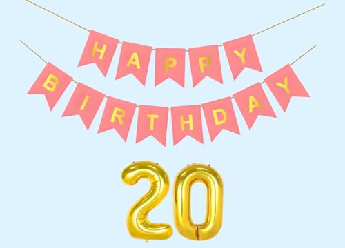 Image of 20th Happy Birthday Decoration Kit Light Pink for 20 year Old Boys Girls Teenage with Number Twenty Party Decorations Decor Celebration Items Item Set Combo Reusable Paper Banner