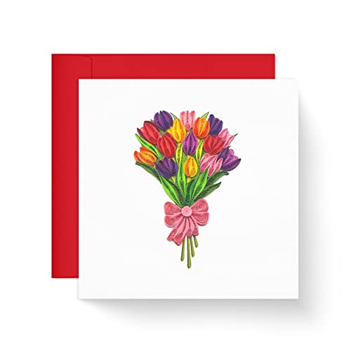Tumybee Tulip Floral Card, Brilliant Flower Greeting Card | Handmade 3D Quilling Card For Love Friend Mom Birthday Anniversary | Luxury Paper Card Postcard With Envelop (Colorful Bouquet) #TOP24