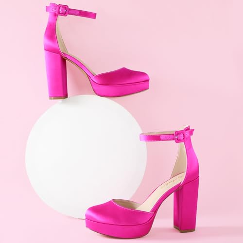 Image of Ankis Platform Closed Toe Heels for Women, Hot Pink Womens Heels Closed Round Toe Chunky Block Pumps Shoes, 4 Inch