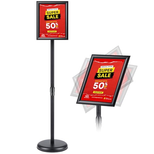 RedChili Sign Holder Stand 8.5x11 Inch, Adjustable Floor Standing Sign Holder Signage Stand with Aluminum Snap-Open Frame Vertical Horizontal View Display For Malls Schools Restaurants (Black, Sharp Corner)