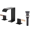   Matte-Black-Bathroom-Sink-Faucet-3-Hole-8-inch-Widespread-Waterfall-Vanity-Faucet-Rose-Gold-2-Handle-Bath-Faucets-with-Pop-Up-Drain-and-Water-Supply-Hoses-Wide-Spread-Stainless-Steel-Tap