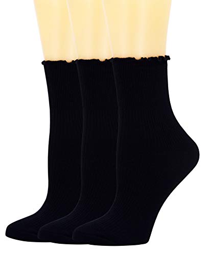 SEMOHOLLI Women Socks, Ruffle Turn-Cuff Ankle Crew Low Cut Casual Socks solid color Lace edge relent lady socks (3 Pairs-Black)