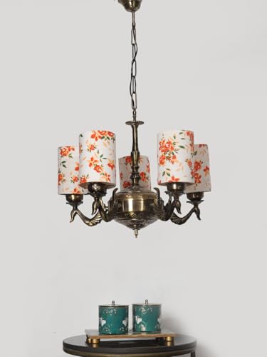 Image of Devansh 05-Light Round Printed Multicolor Cotton Shade Chandelier - Antique Golden Finish | Adjustable Cord | Warm Glow Lamp - Ceiling Light for Living Room, Dining Area, BedroomDecor - D10