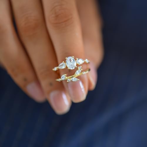 Modern Wedding Ring Stack | Three Stone CZ Engagement Ring | Women's 14K Gold Leaf Vine Wedding Band | Cubic Zirconia Bridal Set - Anniversary2