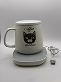 Nuvertta Cat Coffee Mug Warmer Set – 12oz Meow Ceramic Mug with Lid & Spoon – USB Powered Desk Cup Warmer for Office & Home