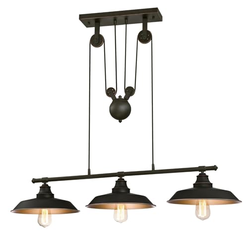 Westinghouse 6332500 Iron Hill Three-Light Indoor Island Pulley Pendant, Finish with Highlights and Metallic Interior, 3, Oil Rubbed Bronze/Bronze