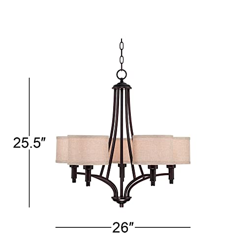 Franklin Iron Works La Pointe Works Oil Rubbed Bronze Chandelier 26" Wide Arched Arms Oatmeal Linen Shades 5-Light Fixture For Dining Room House Foyer Kitchen Island Entryway Bedroom Living Room #TOP3