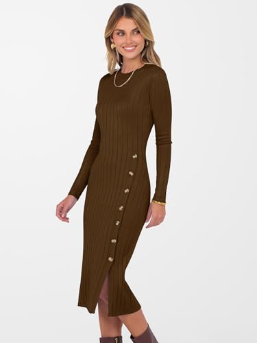 ANRABESS Womens 2025 Fall Long Sleeve Midi Dress Ribbed Knit Bodycon Fitted Button Down Wedding Guest Slit Sweater Dresses