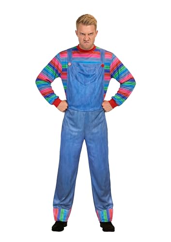 HENBRANDT Adult Killer Doll Costume - Iconic Horror Movie Character Blue Denim Jumpsuit with Multicoloured Striped Sleeves for Halloween Cosplay Fancy Dress Party Unisex One Size