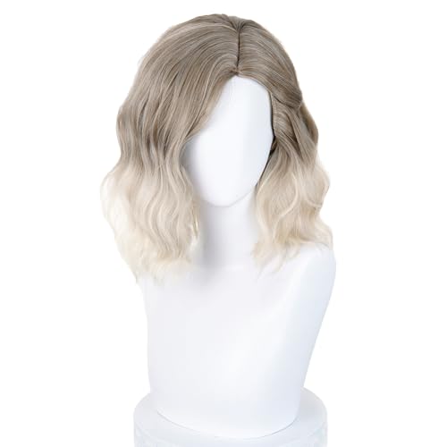 Image of LABEAUTE Short Wavy Bob Wig for Women 13 Inch Gray Blond Layered Cosplay Wig with Bangs Heat Resistant Synthetic Hair for Daily Wear Halloween & Party