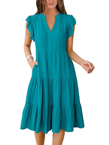 Image of ANRABESS Womens Summer Dress Ruffle Sleeve V Neck Midi Dresses Fashion Casual Fit Flowy Tiered Boho Beach Vacation Sundress