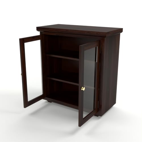 Image of Solid Sheesham Wood Sideboard Cabinet for Living Room | Wooden Storage Cabinet with 2 Acrylic Glass Doors & Shelves | Modern Display Sideboard for Home (Walnut Finish)