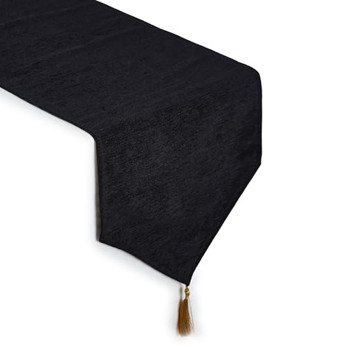 Image of Encasa XO Fine Chenille Table Runner for Dining with V-End and Tassels, 4 Seater Size 32x150 cm - Black | Decorative Cloth for Party, Wedding, Home, Cafes, Restaurants & Hotels