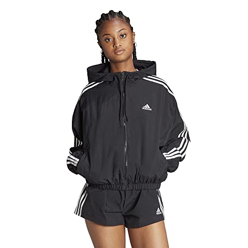 adidas Chaqueta cortavientos para mujer Essentials con 3 rayas, negro/blanco, S