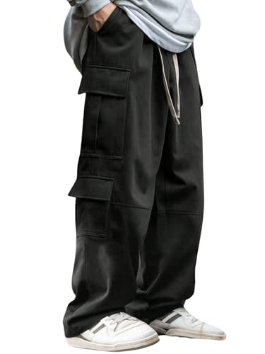 Verdusa Men's Baggy Cargo Pants Drawstring Elastic Waist Flap Pockets Loose Pants