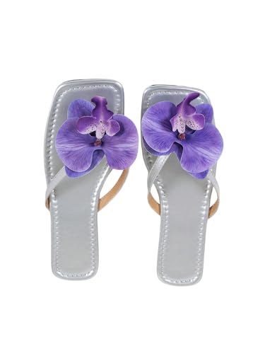 Image of GORGLITTER Women's Flower Flat Sandals Cute Square Toe Flip Flops Thong Dressy Vacation Summer 2026 Slides Shoes