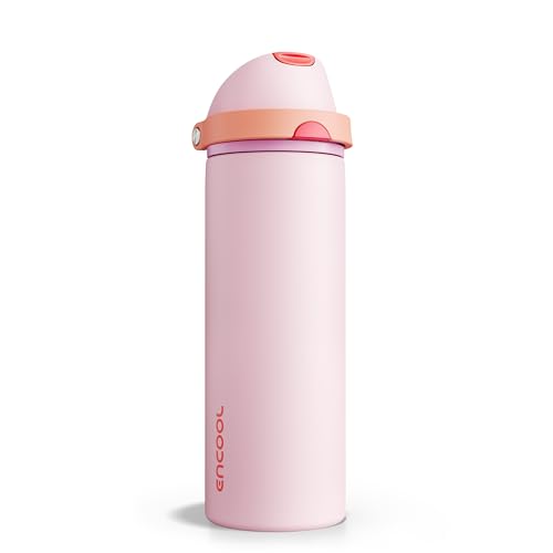 Image of Insulated Water Bottle with Straw - Encool Stainless Steel Water Bottle with Push Button Lid, Leak-Proof & BPA-Free, Keeps Cold for 24 Hours for Sports, Travel, Gym (24 oz, Lily-Red)