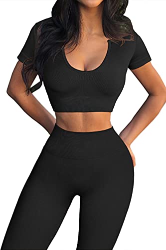 Mulisky Women’s 2 Piece Workout Outfits Ribbed Seamless High Waist Yoga Sports Leggings Tracksuits Sets Black L #TOP3